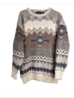 VTG Gaeltarra Ireland 100% Wool Sweater L Made in Ireland Beige Geometric Nordic
